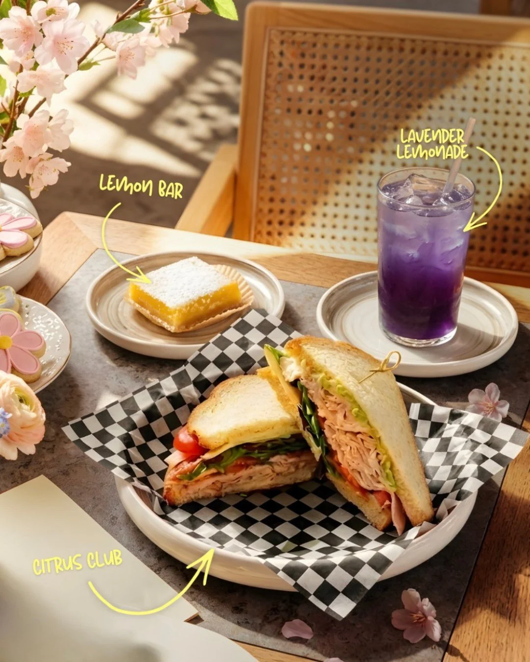 Spring is on the table 🌸✨ Come visit us and enjoy something fresh, bright, and a little floral&mdash;our Citrus Club, Lemon Bar, and Lavender Lemonade are the perfect trio for a sunny-day treat. 🍋
-
-
#GrazingGoose #SpringMenu #FreshFlavors #CafeVi