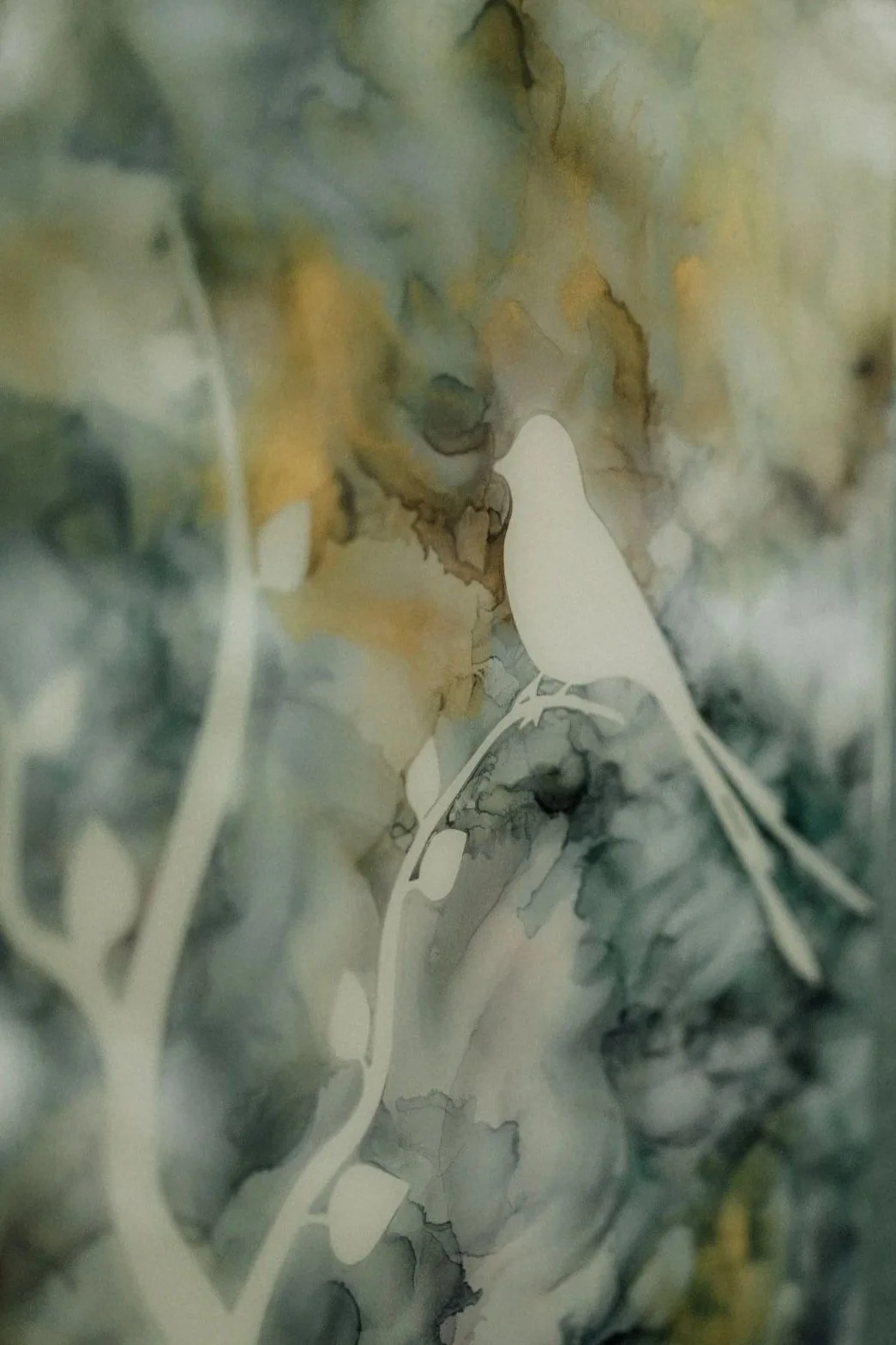 An abstract watercolor painting with soft blending of greens, yellows, and greys, featuring a prominent white bird silhouette and a winding white pathway or bridge.