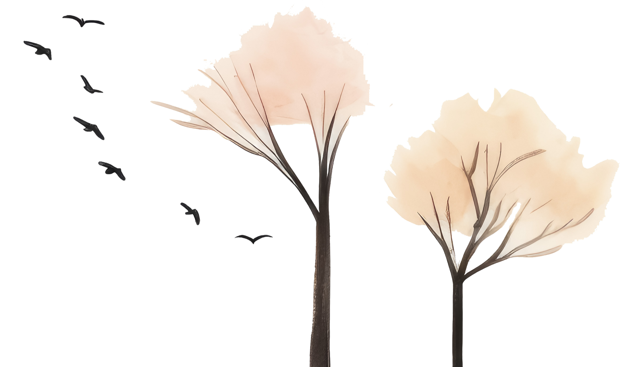 Watercolor illustration of two pale pink trees with small black birds flying nearby.