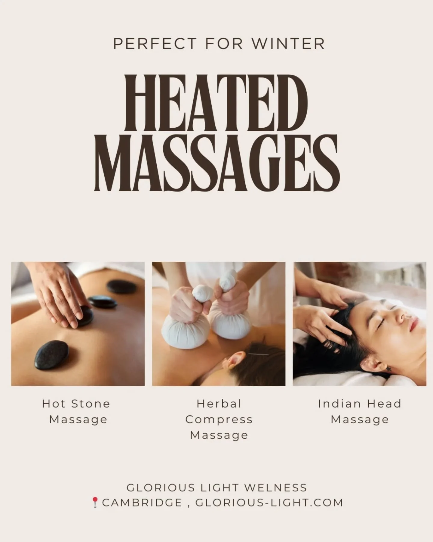 ✨ Perfect for Winter: Heated Massages ✨

As the days grow colder, there is nothing more comforting than a warm, cocoon-like massage experience. Heated therapies add an extra touch of luxury, deepen relaxation, melt muscle tension and create a soothin