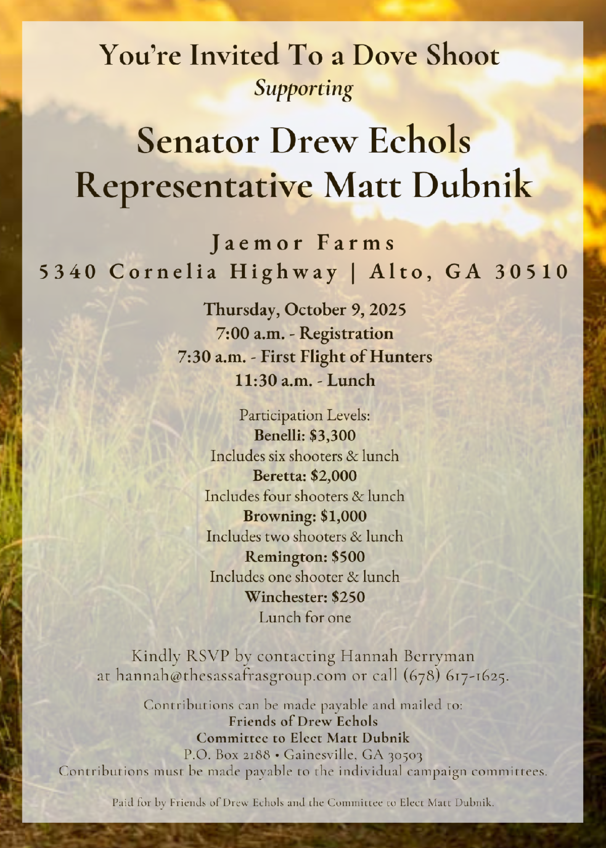 Dove Shoot Supporting Senator Drew Echols &amp; Representative Matt Dubnik