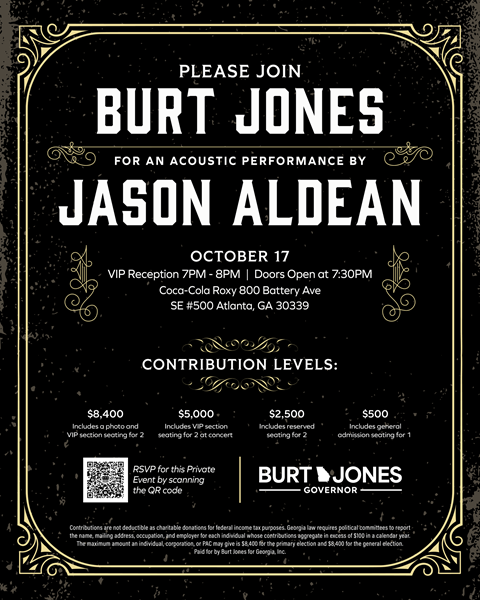 Jason Aldean Acoustic Performance in Support of Burt Jones for Governor