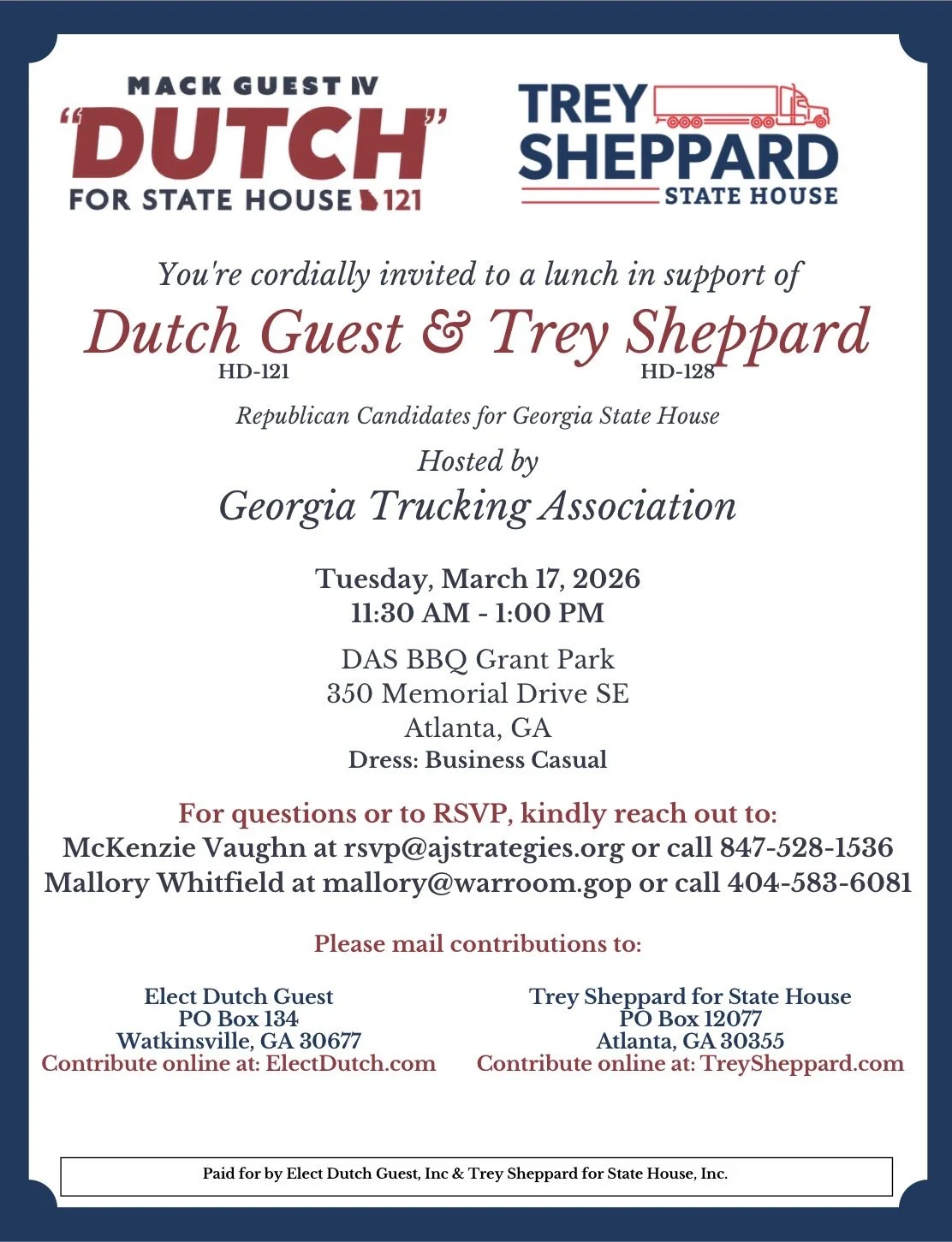 Georgia Trucking Association Lunch in Support of Dutch Guest HD-121 & Trey Sheppard HD 128