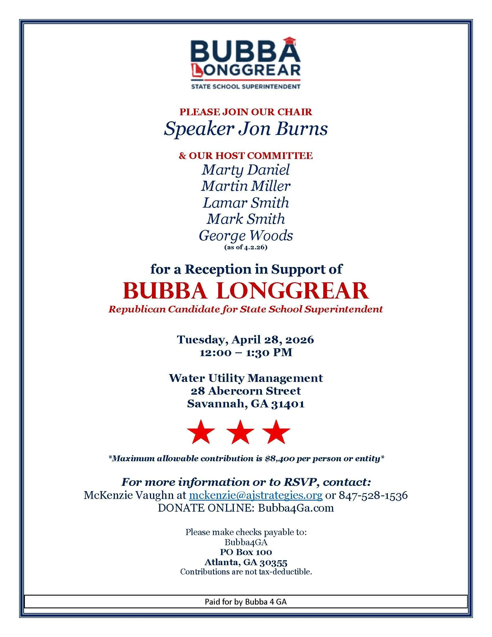 Reception in support of Bubba Longgrear for State School Superintendent 