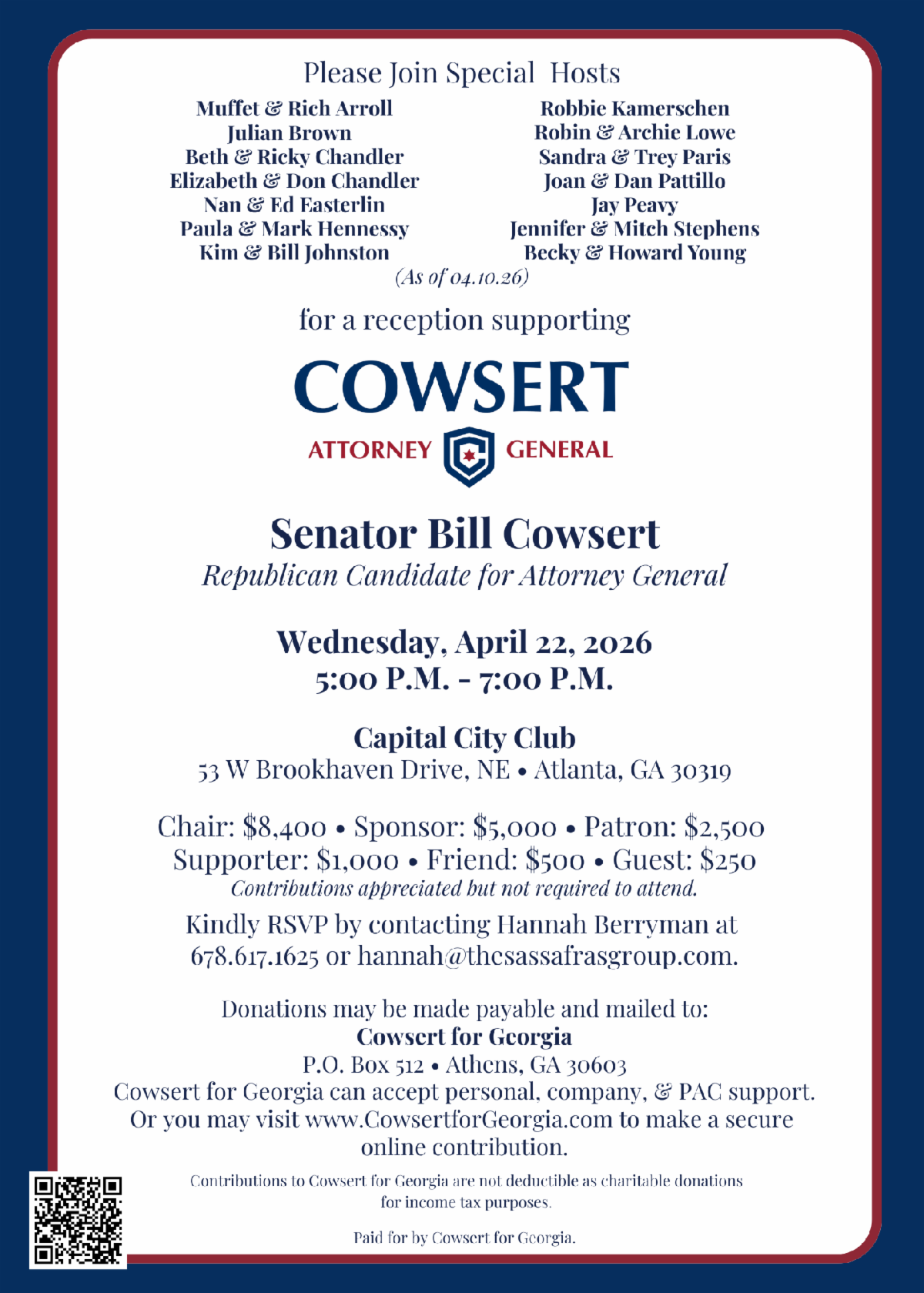 Reception Supporting Senator Bill Cowsert for Attorney General