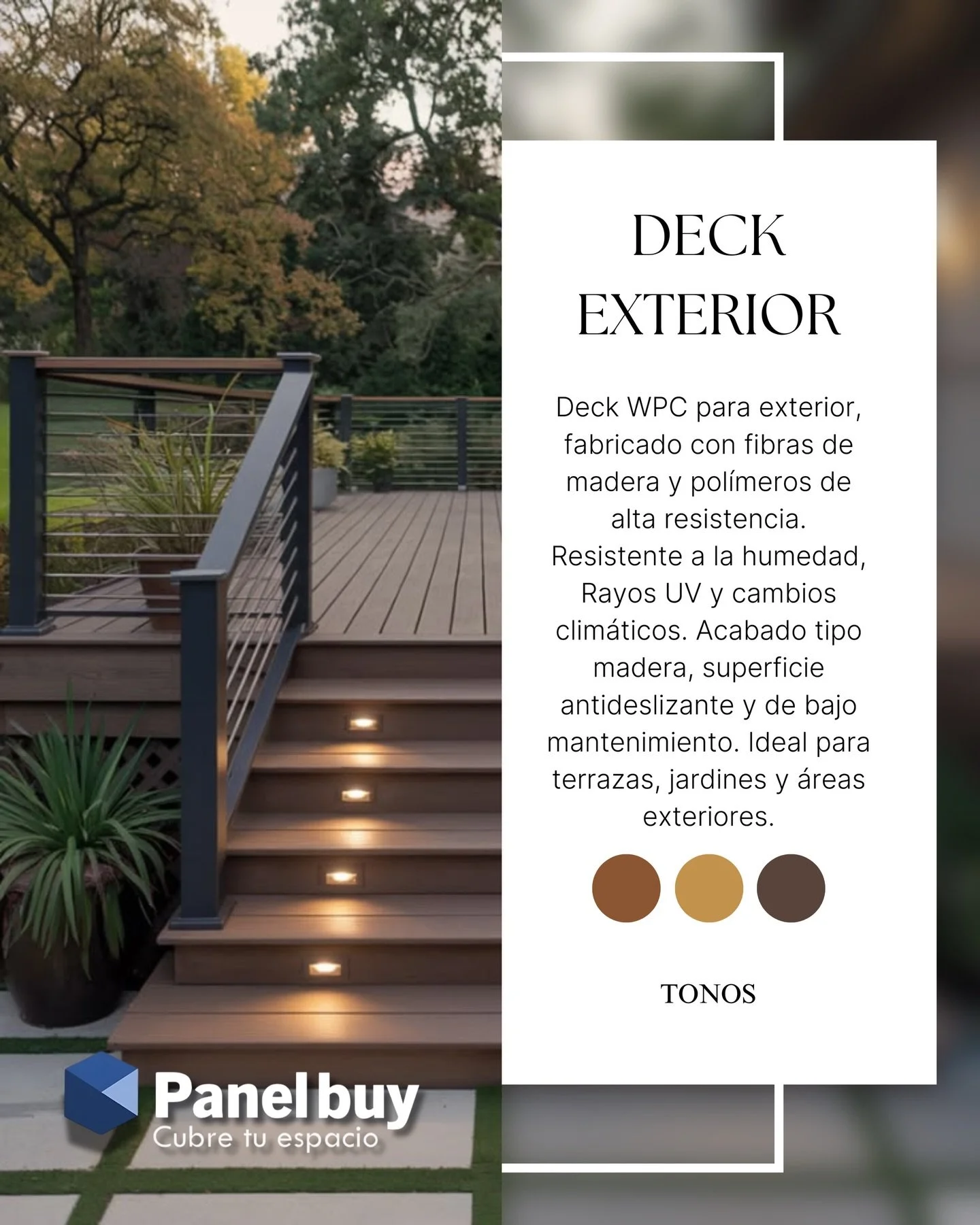 Tu terraza merece m&aacute;s que resistir el clima, merece lucir incre&iacute;ble. 🌿

Deck WPC Exterior Panelbuy: la combinaci&oacute;n perfecta entre est&eacute;tica de madera natural y tecnolog&iacute;a de alto rendimiento.

✔️ Resistente a humeda