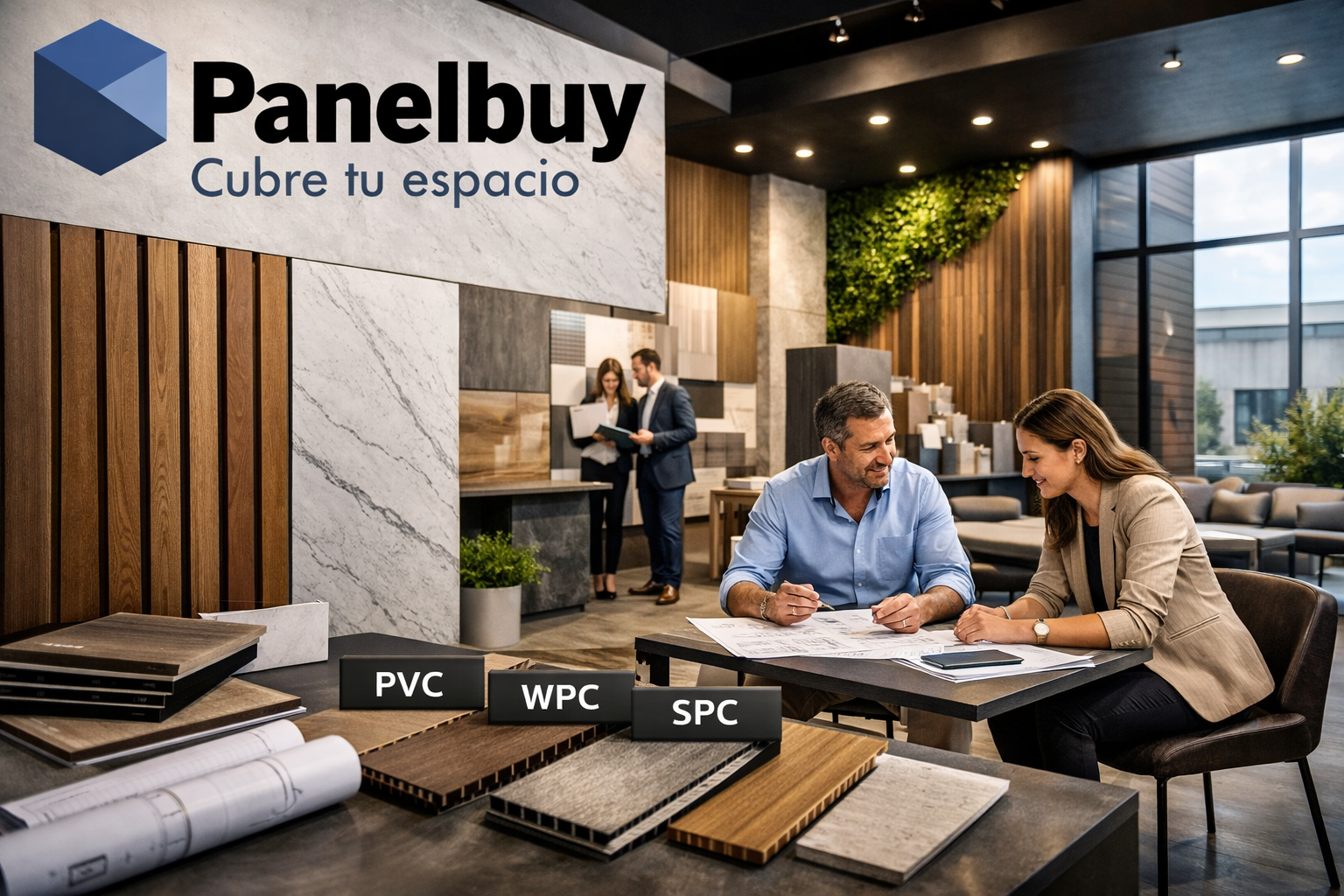 Dos personas conversando en una sala de exhibición de materiales de construcción, con muestras de PVC, WPC y SPC en primer plano.