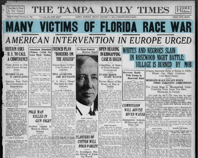 Front page of The Tampa Daily Times, January 5, 1923. Top headline reads "Many Victims of Florida Race War"