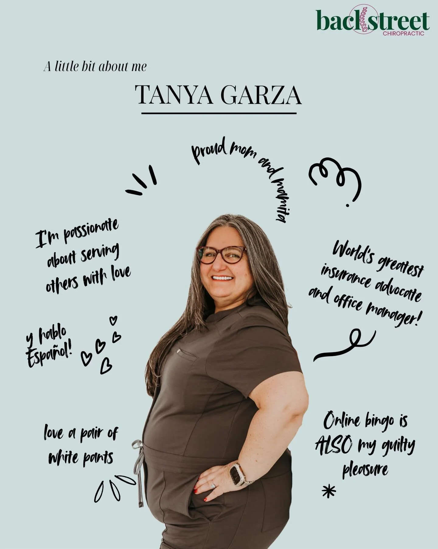 ‼️MEET TANYA GARZA, insurance advocate, office manager, mamita to Seraphina, momager of Dr. Geli and an absolute icon. 

Whether she is giving you the office tour, scheduling your appointments, or just bringing the vibes, Tanya is excited to see you 