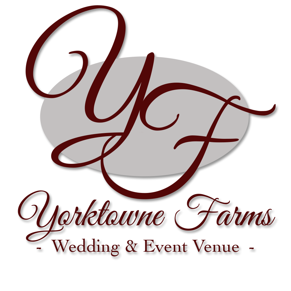 Logo for Yorktowe Farms, a wedding and event venue with stylized initials YF in burgundy, set against a gray oval background.