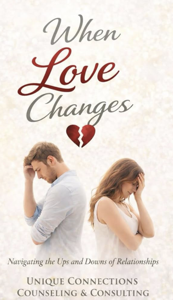 Photo of a man and woman facing away from each other, appearing upset and holding their heads. There is text that reads 'When Love Changes' and a broken heart graphic, with smaller text 'Navigating the Ups and Downs of Relationships.'