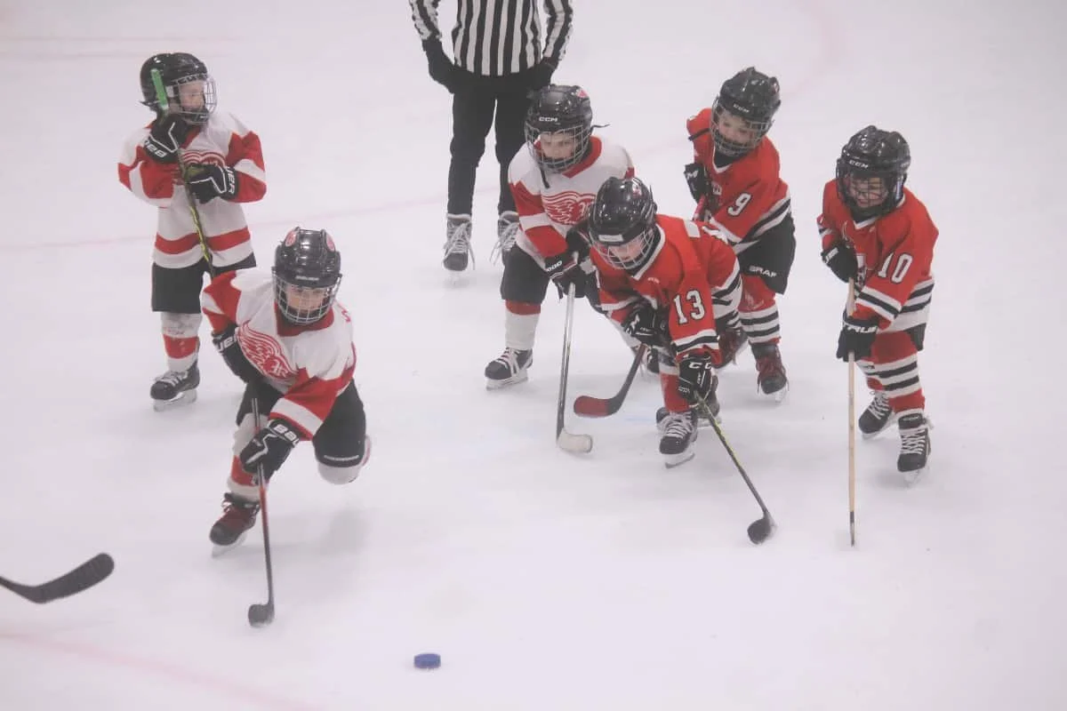 Under-seven Redwings going for the puck
