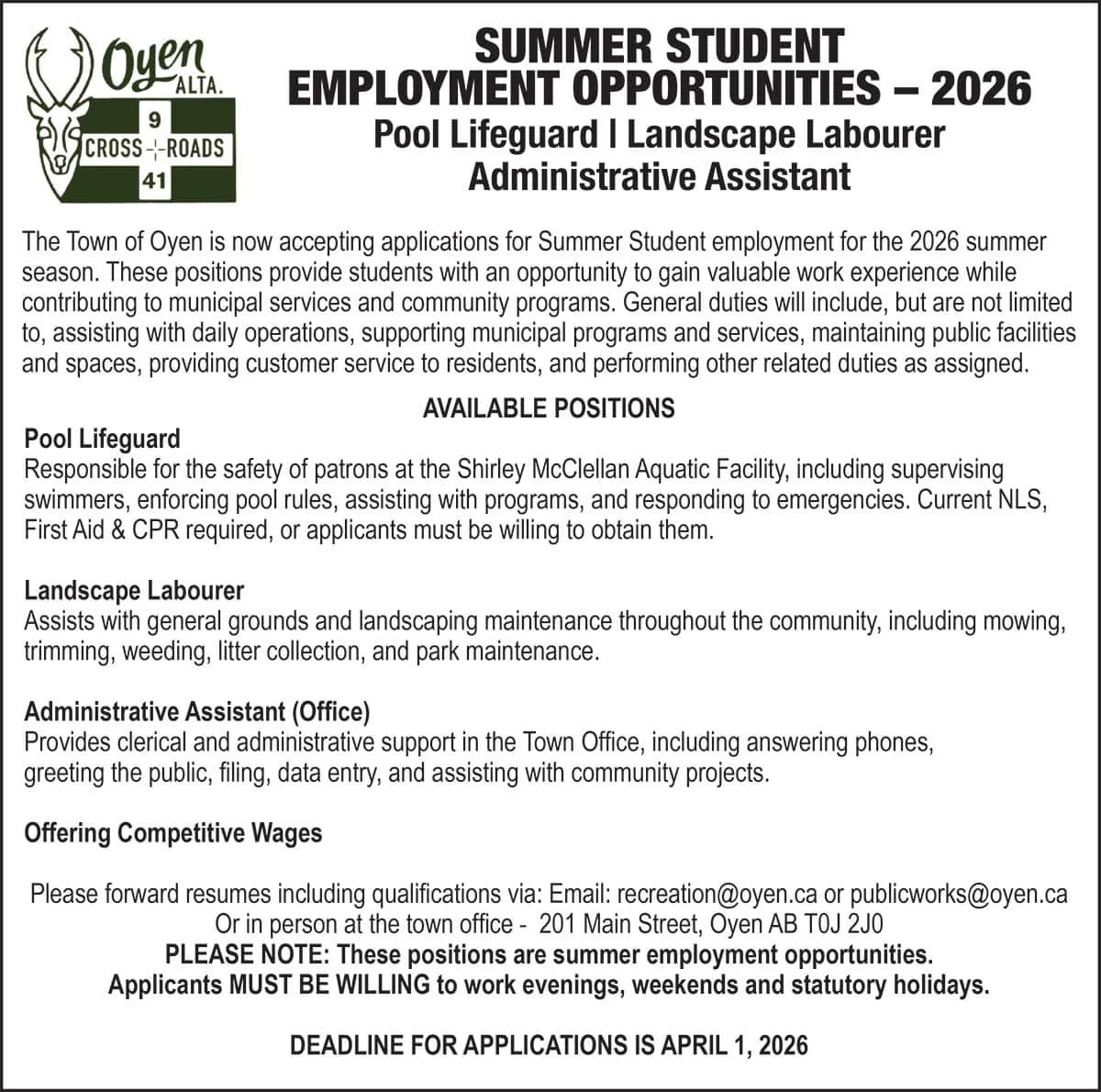 Oyen Summer Student Employment Opportunities 2026