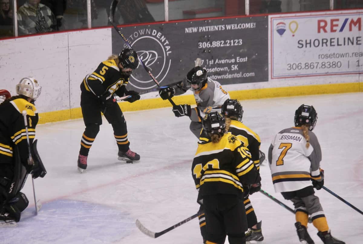 Delisle Bruins and Western Prairie Blaze joust for the puck