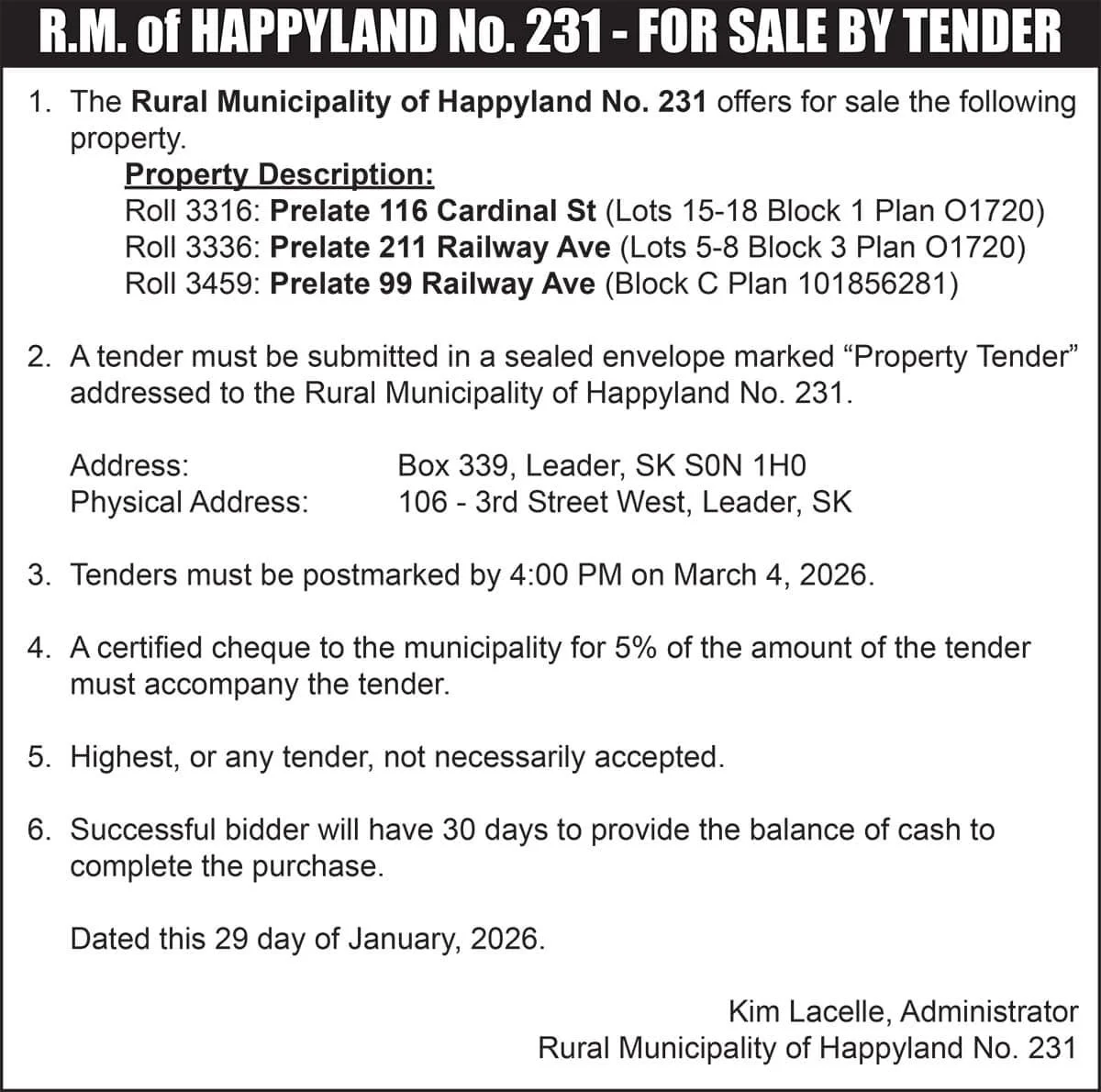 R.M. of HAPPYLAND No. 231 - FOR SALE BY TENDER