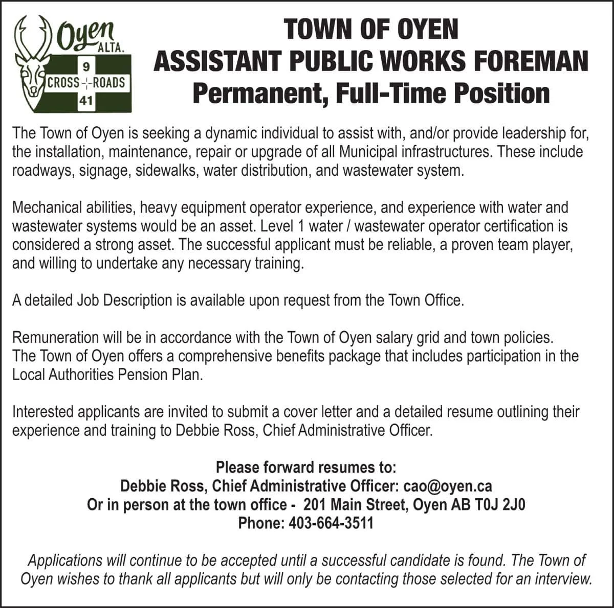 TOWN OF OYEN Assistant Public Works Foreman Permanent, Full-Time Position