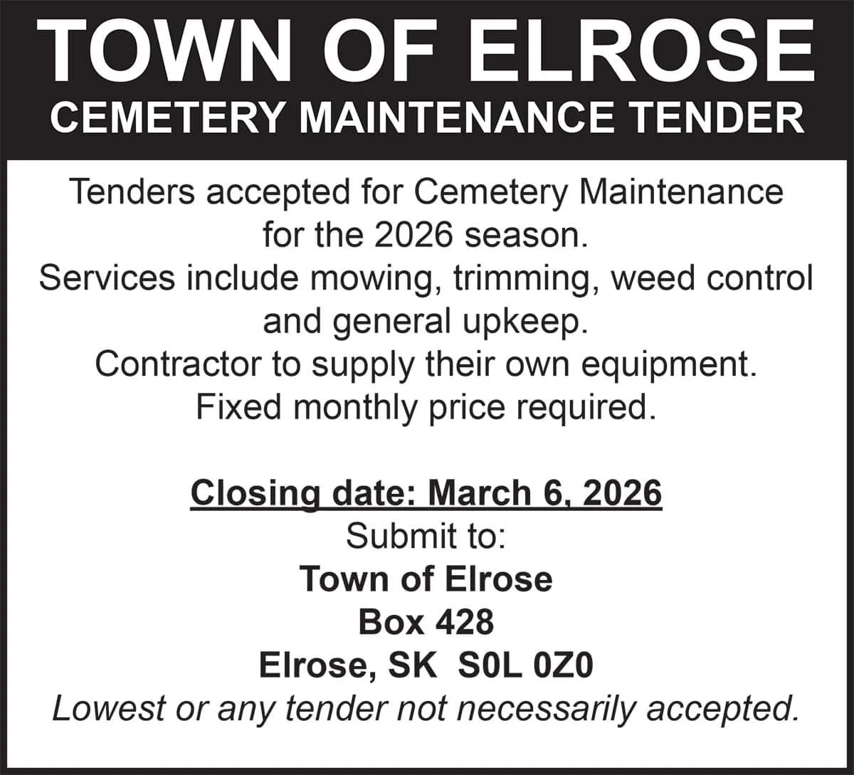 TOWN OF ELROSE CEMETERY MAINTENANCE TENDER