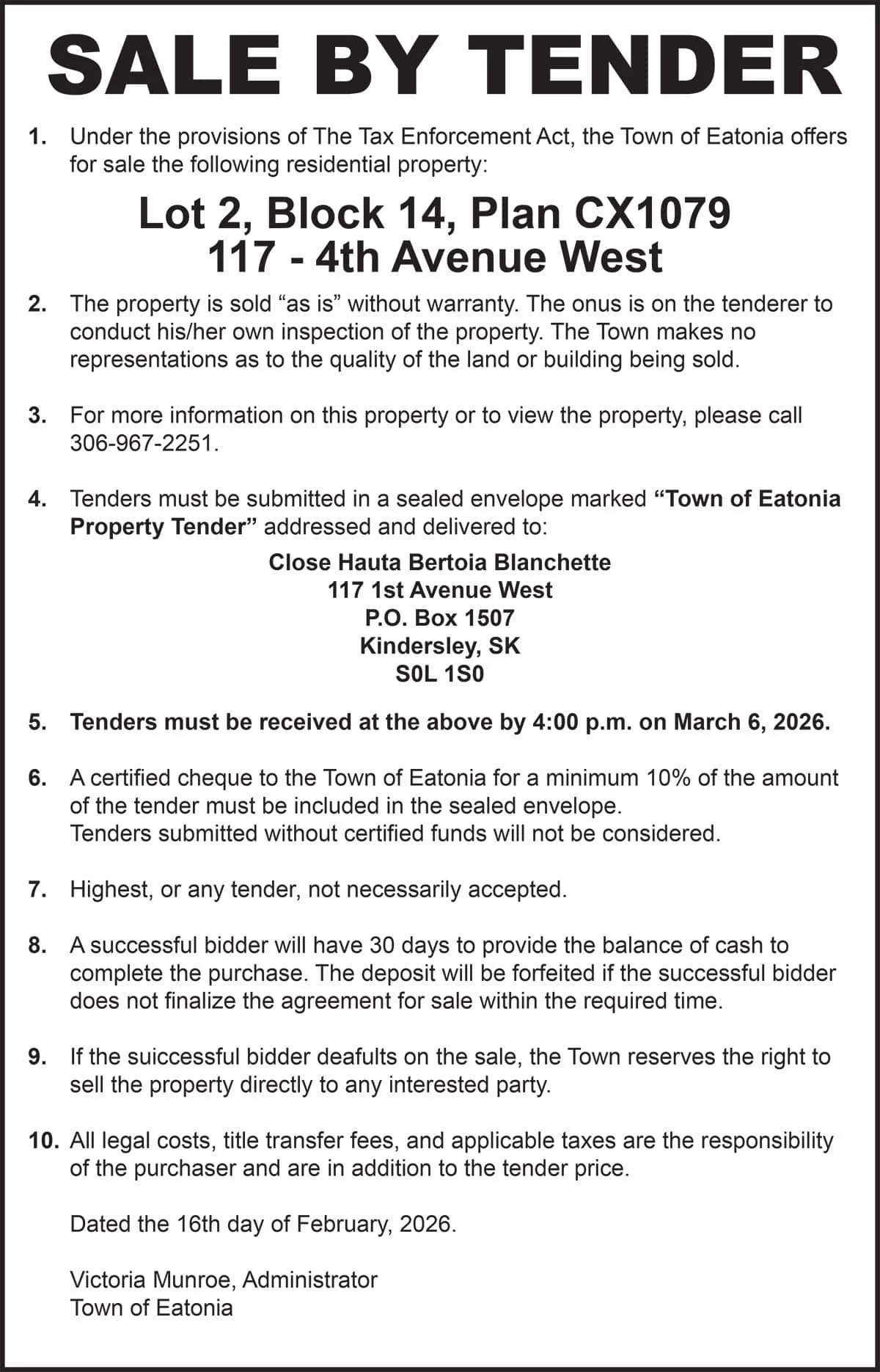 SALE BY TENDER, Town of Eatonia, 117 - 4th Avenue West