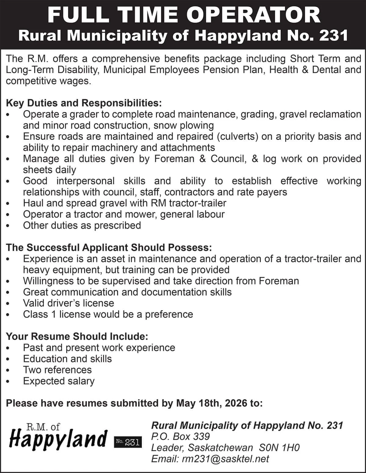 FULL TIME OPERATOR Rural Municipality of Happyland No. 231