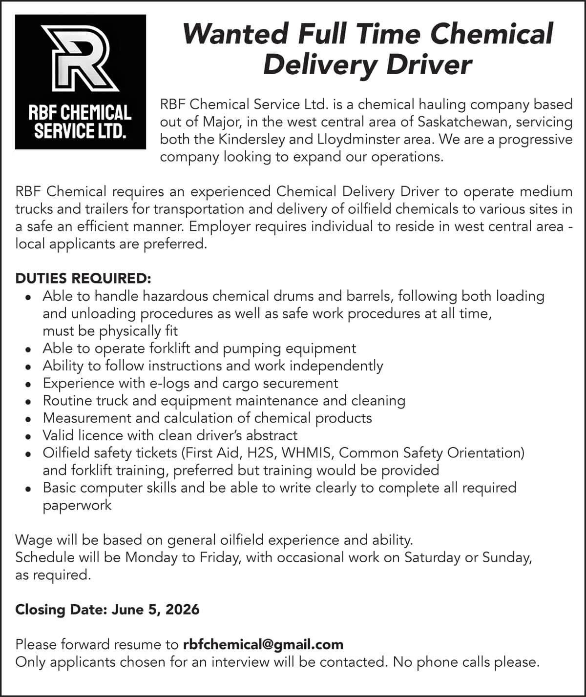 RBF Chemical Service Ltd. Wanted Full Time Chemical Delivery Driver