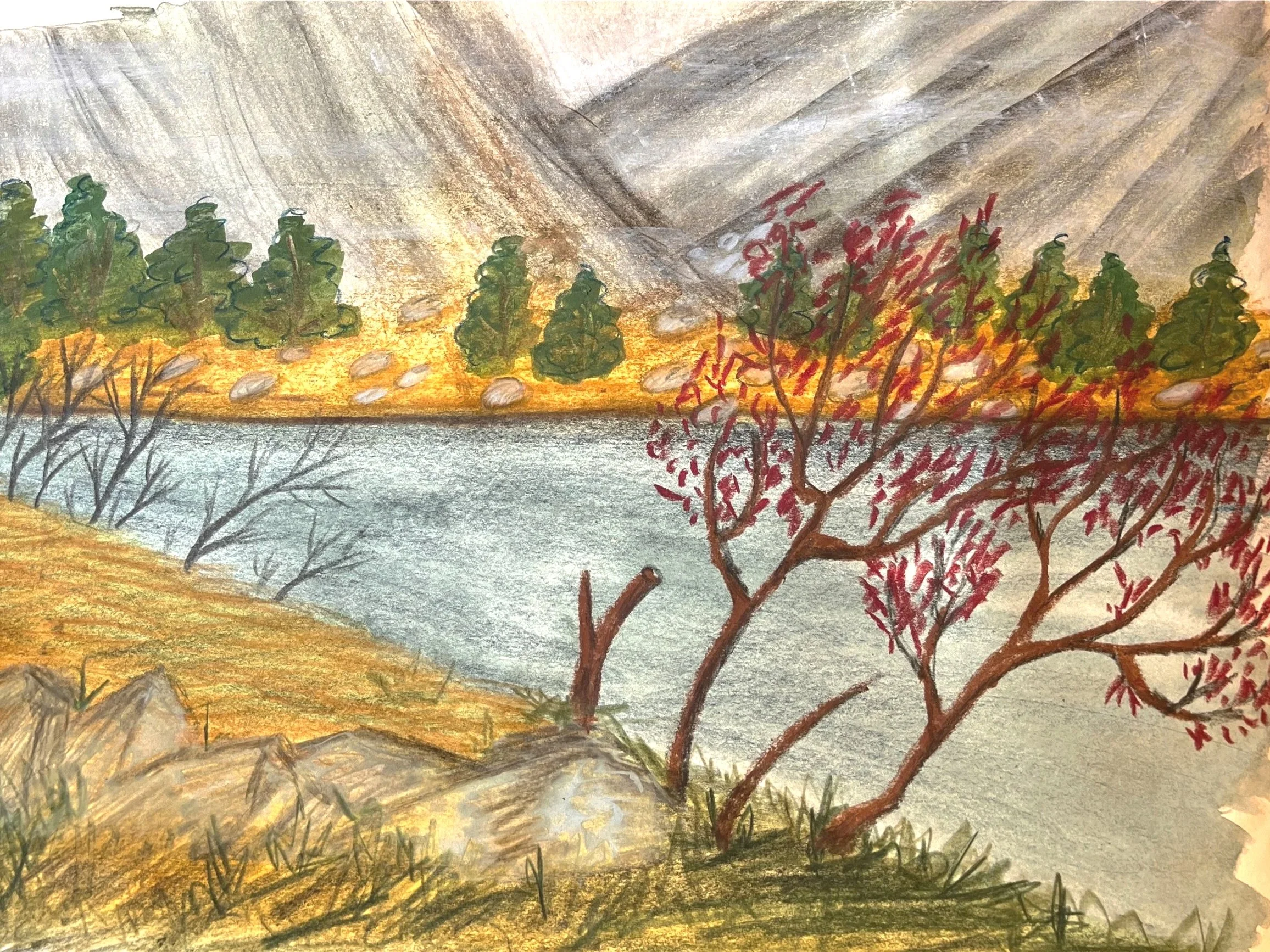A watercolor scene of a river with trees along the bank, a colorful sky with clouds, and mountain in the background, with warm sunset colors.