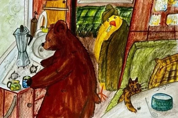 Illustration of a bear and a goose in a bathroom, with a cat on a bed nearby. The bear is washing its face in a sink, the goose is standing nearby, and the cat has a paw on the bed.