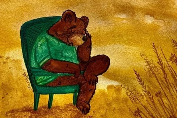 A drawing of a bear sitting on a green chair, wearing a green shirt, with closed eyes, resting its head on its hand, in a contemplative pose, with a background of a brownish sky and some plants.