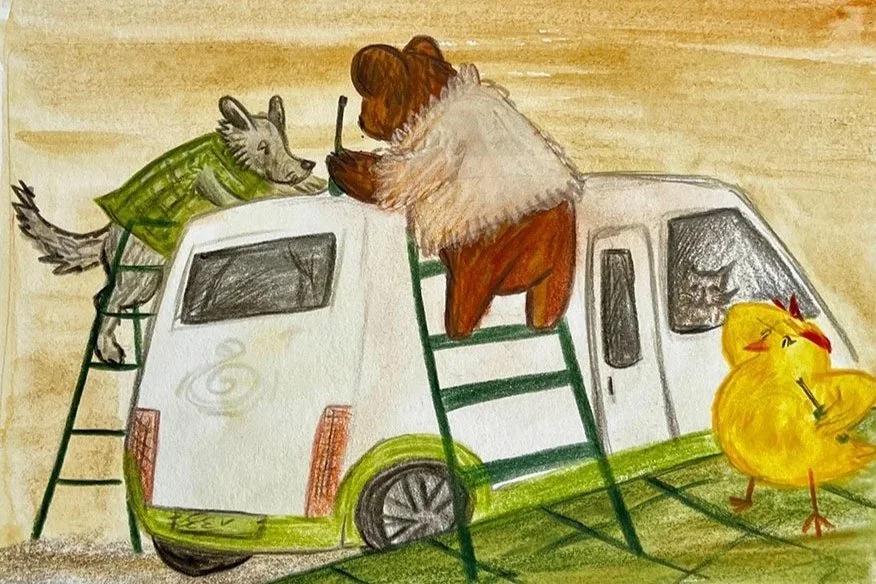 Drawing of a dog and a cat washing a yellow chick in a sink on a green vehicle, with a dog on a ladder and a cat observing from inside the vehicle.