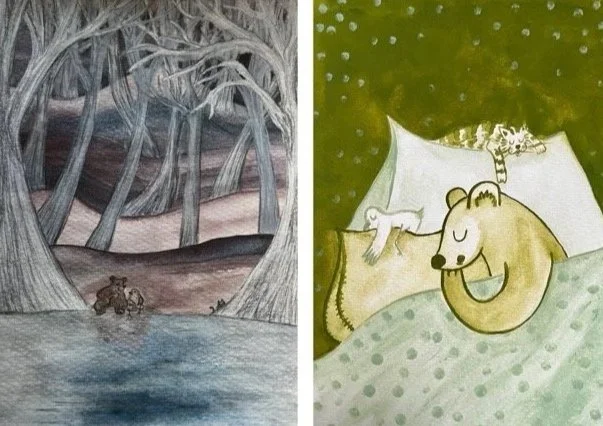 The left side shows a dark, eerie swamp or forest with twisted trees and a canoe on water. The right side features a cartoon bear sleeping in a bed under green bedding with small white dots, in a cozy room with a green wall and white curtains.