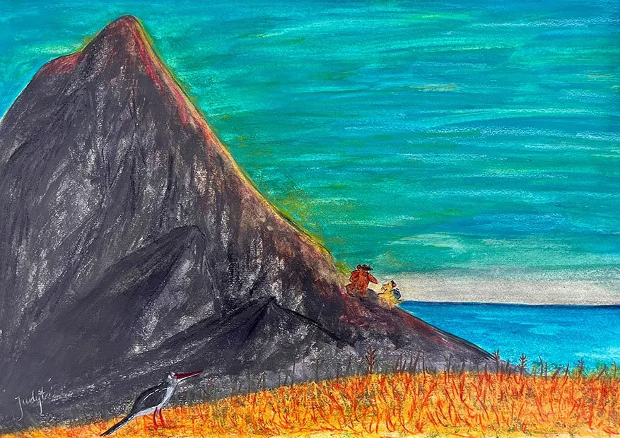 A colorful painting of a mountain with a person sitting near the top, overlooking the ocean. There is a bird on the ground below and grassy terrain in the foreground.