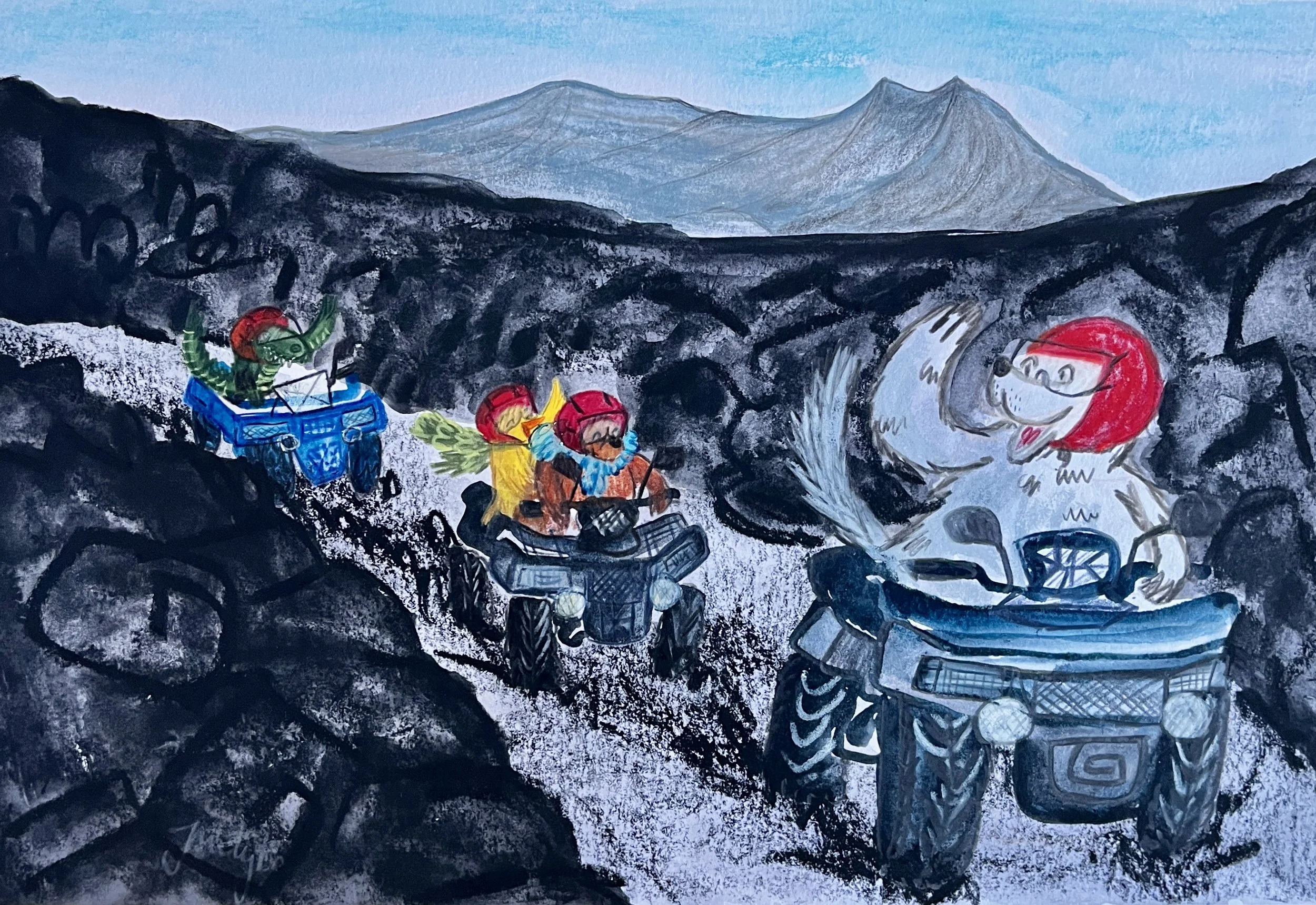 Illustration of a white dog wearing a red helmet riding an ATV, with three children in colorful helmets riding ATVs behind it through a rocky mountainous landscape with mountains in the background.