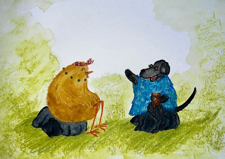 A watercolor illustration of a chicken and a dog sitting on grass, talking, with the chicken wearing a pink bandana and the dog wearing a blue shirt.