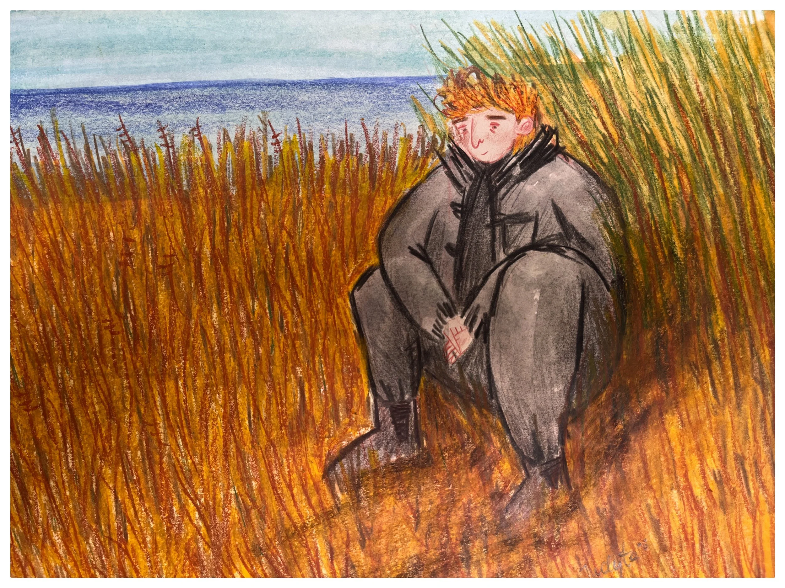 A person with short, curly hair sits among tall grasses on a hill, dressed in a black coat and pants, gazing downward with a calm expression. The background shows a blue sky and distant body of water.