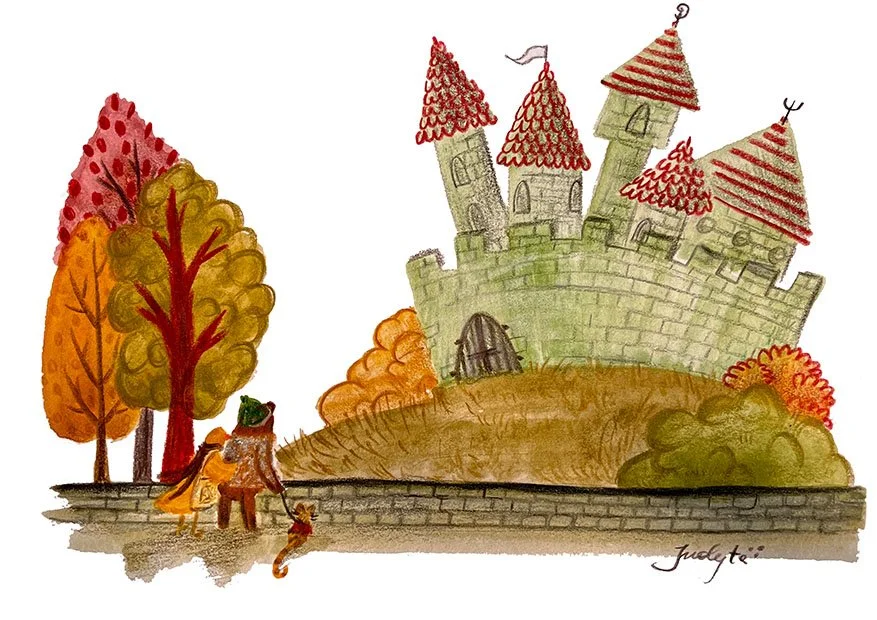 Illustration of a whimsical castle with red, striped rooftops, surrounded by colorful autumn trees and bushes, with two characters walking towards it.