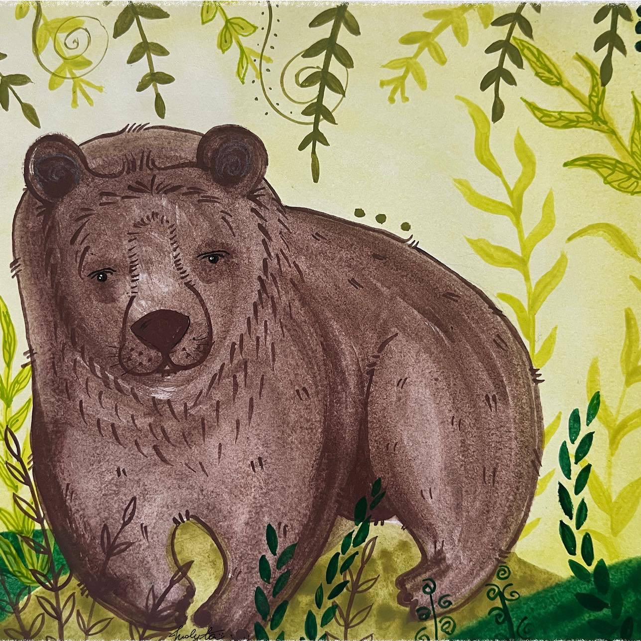 Drawing of a bear in a natural setting with green vines and leaves on a pale yellow background.