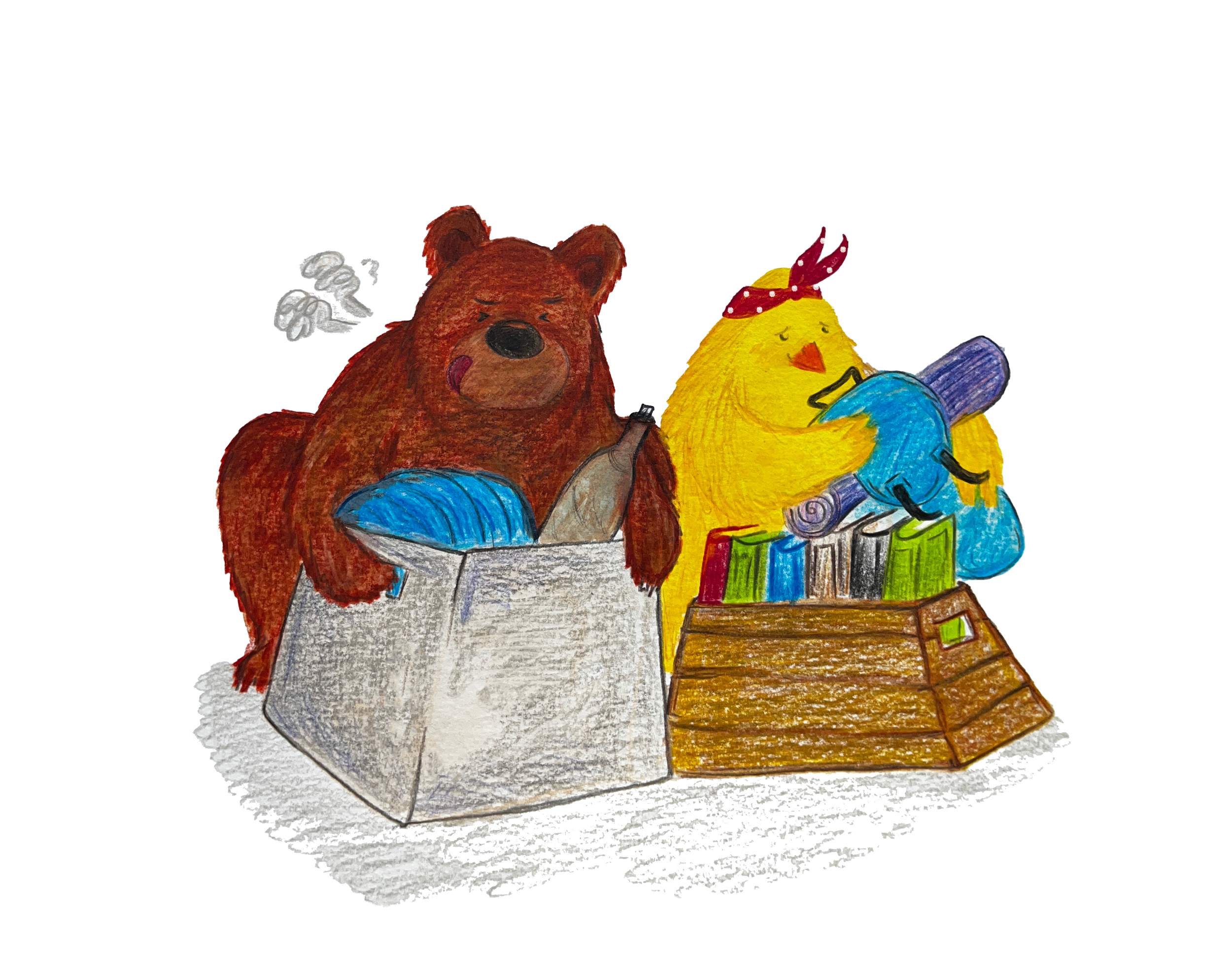 Drawing of a brown bear and a yellow chick organizing supplies in boxes, with the bear holding yarn and the chick holding a roll of paper, both appearing content.