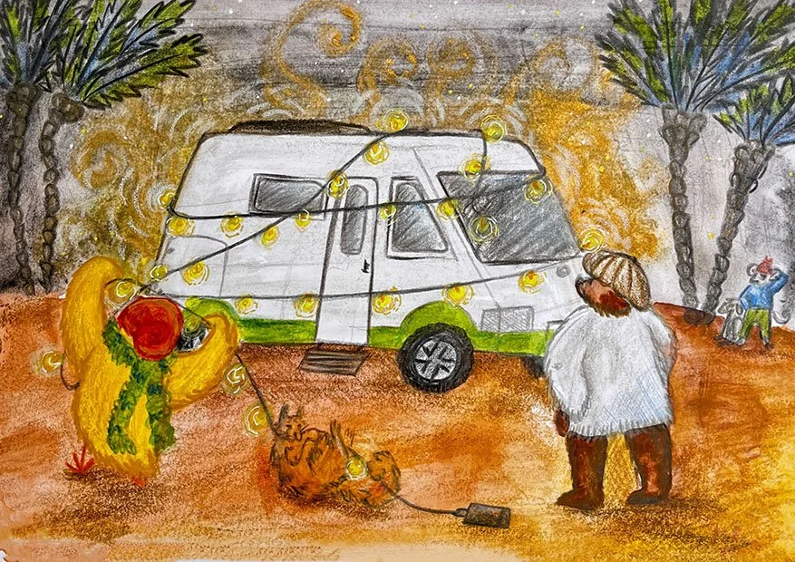 Colorful watercolor painting of a festive scene with a white camper van decorated with yellow string lights, surrounded by palm trees. A person with a white shirt and brown pants holds a leash attached to a small orange dog, also wearing festive ligh