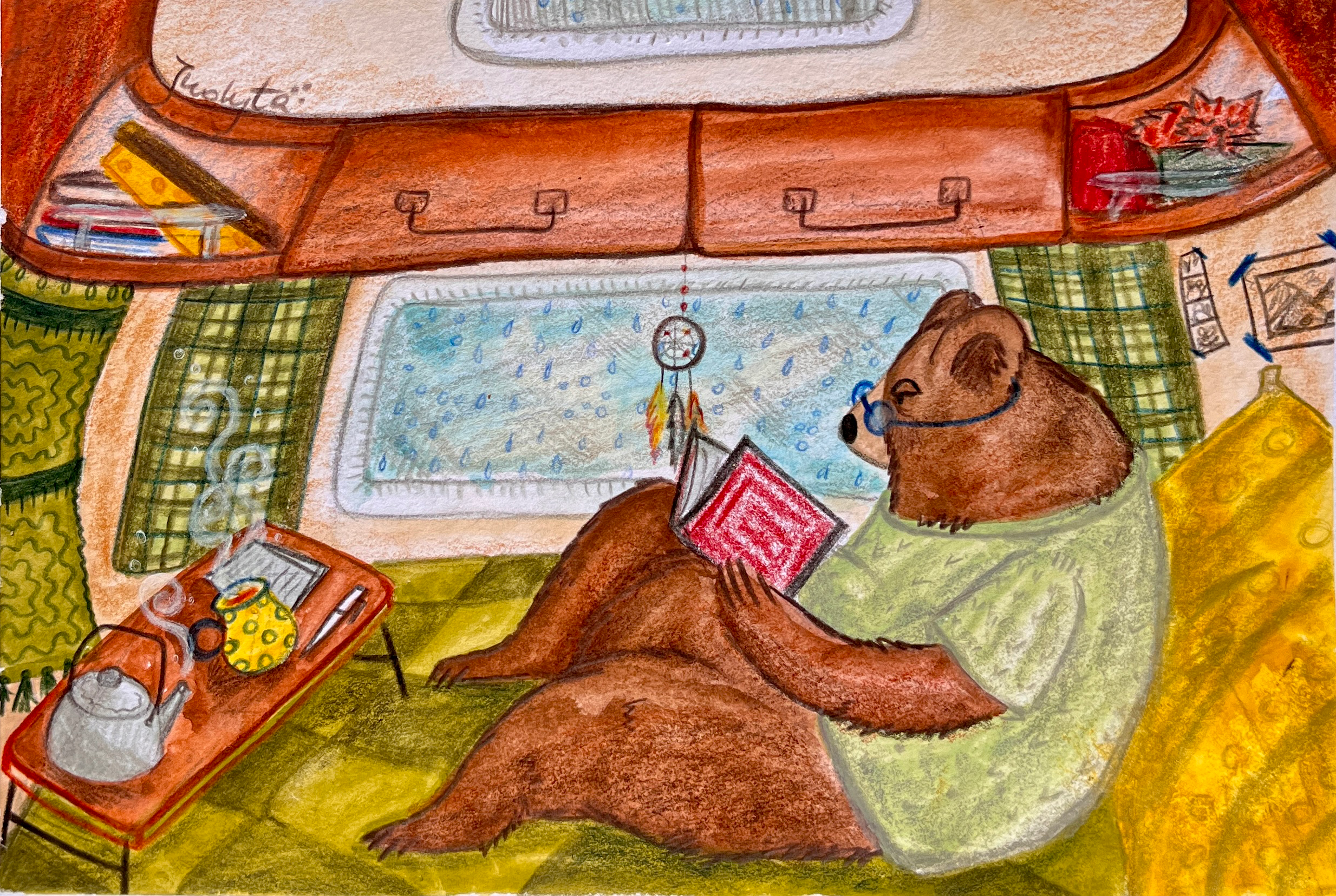 A bear wearing glasses and a green shirt, sitting on a yellow couch, reading a red book, in a cozy room with a window showing rain outside, surrounded by shelves with books, a bookshelf, and a table with a steaming coffee pot and a yellow tea kettle.