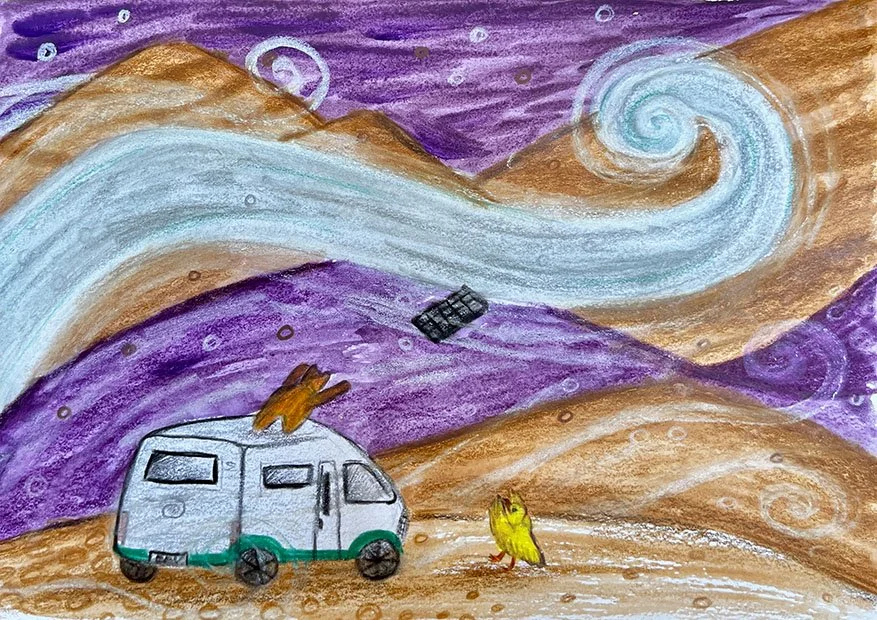 A colorful drawing of the sky with swirling clouds, mountains, and a caravan with a dog and another animal, possibly a bird, on the ground.