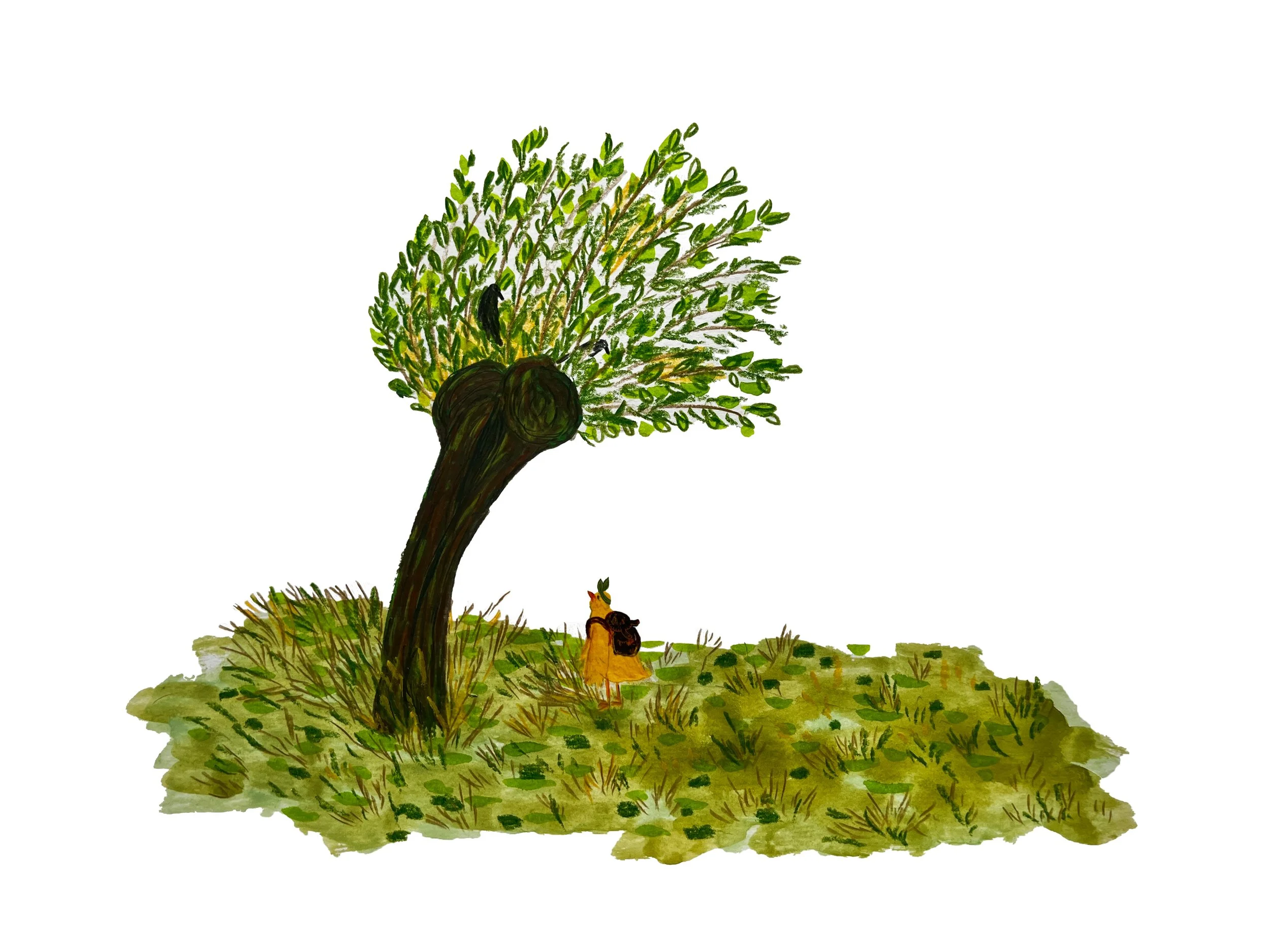 A small person in yellow with a backpack, standing under a large tree with a thick trunk and green leaves, on a patch of grass and dirt.