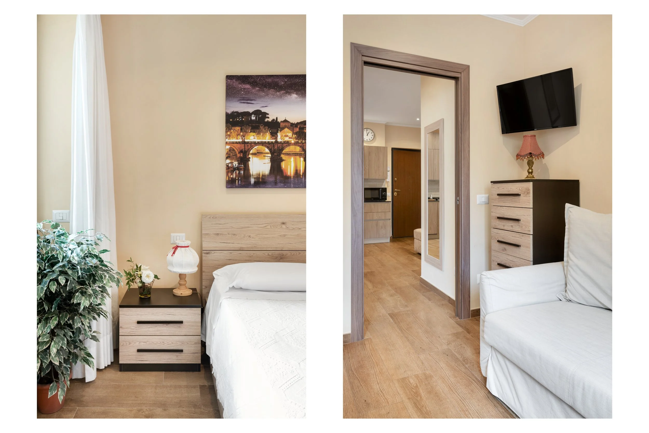 Side-by-side images of a cozy hotel room or apartment interior. The left image shows a bed with light wood headboard, a nightstand with a lamp and flower, a potted plant, and a framed picture of a night cityscape. The right image shows a white armcha