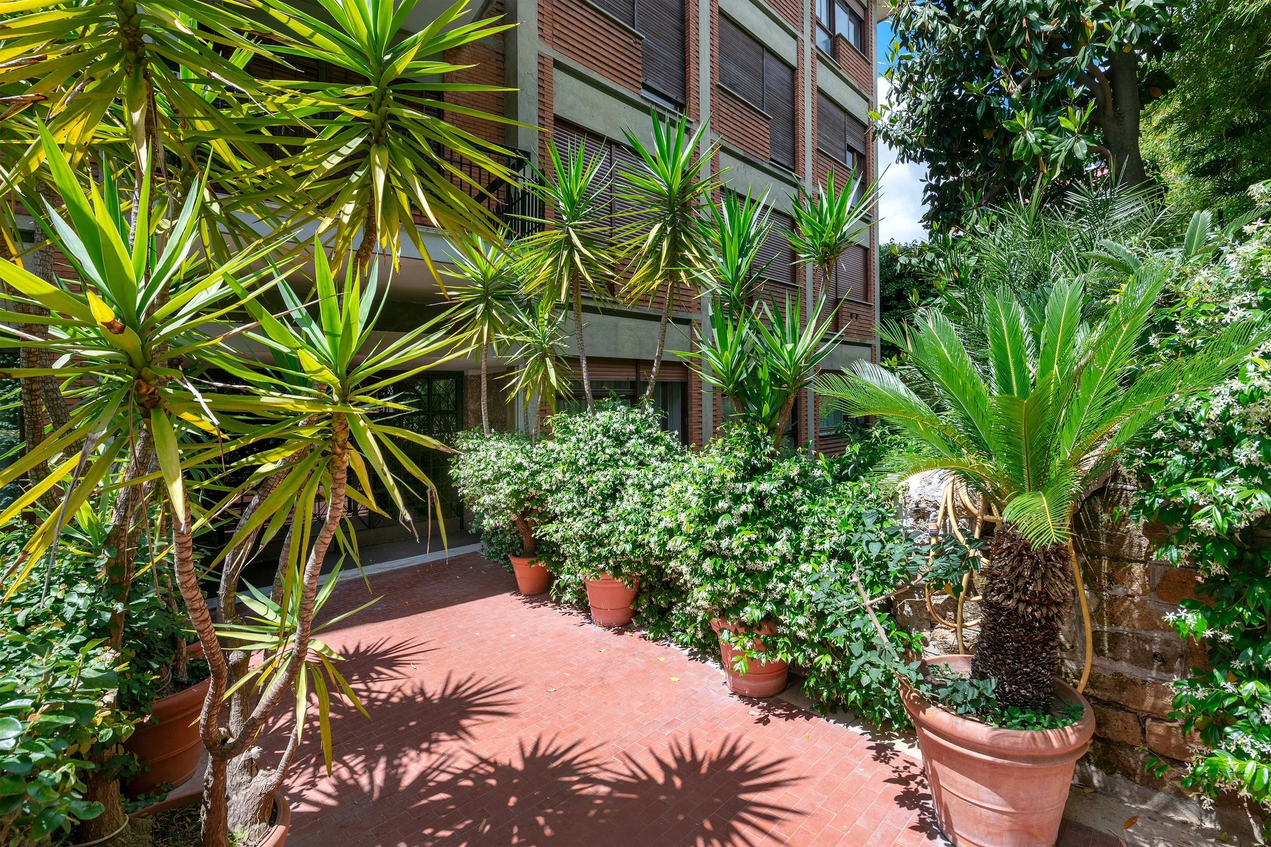 A courtyard with potted green plants and bushes, brick paving, and a multi-story building in the background.