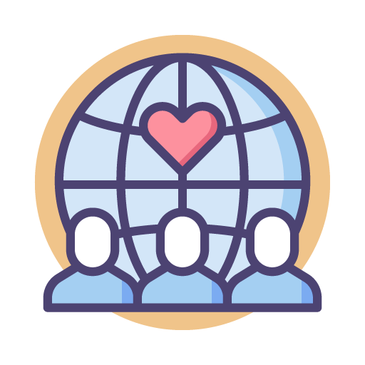 An illustration of a globe with a heart in the center, surrounded by three people icons below, representing global love or global community.