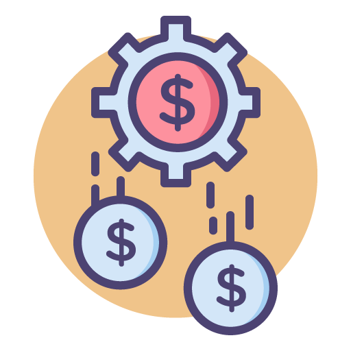 Illustration of a gear with a dollar sign in the center, and two coins with dollar signs falling into it.