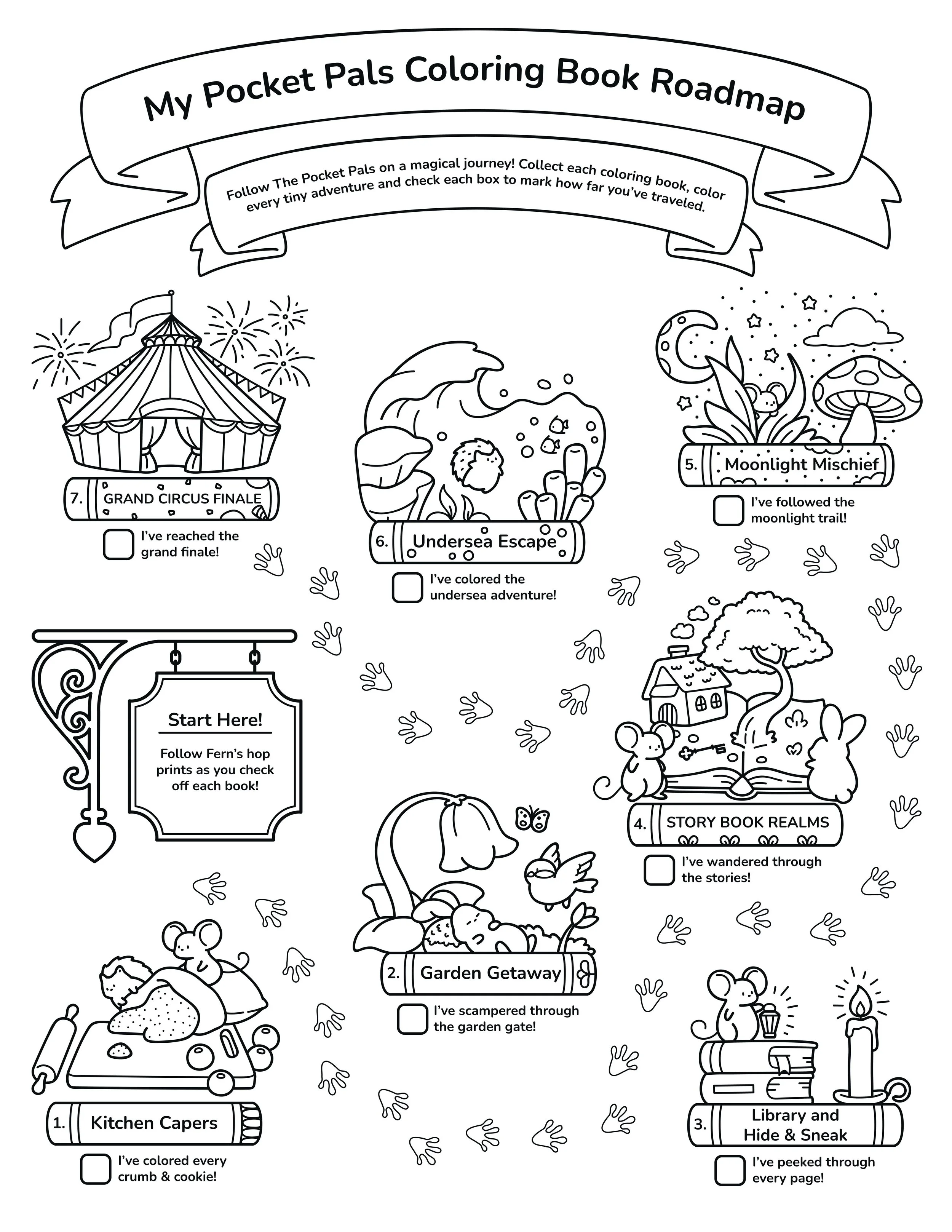 A black and white coloring book roadmap titled 'My Pocket Pals Coloring Book Roadmap' with seven adventure stops, including a circus tent, an underwater scene, a mushroom garden, a storybook scene, a bird and flowers, a garden, and a library. Each stop has a checkbox to mark progress and a brief description of the completed activity.