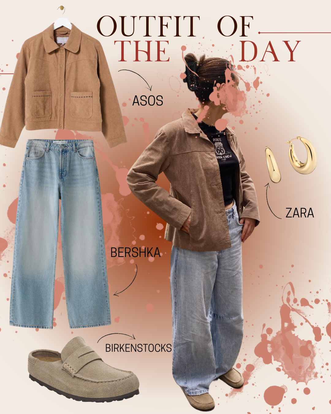 Fashion collage featuring a beige jacket from ASOS, light blue baggy jeans from Bershka, beige Birkenstocks, and gold hoop earrings from Zara, with a person modeling the outfit and the text 'Outfit of the Day'.