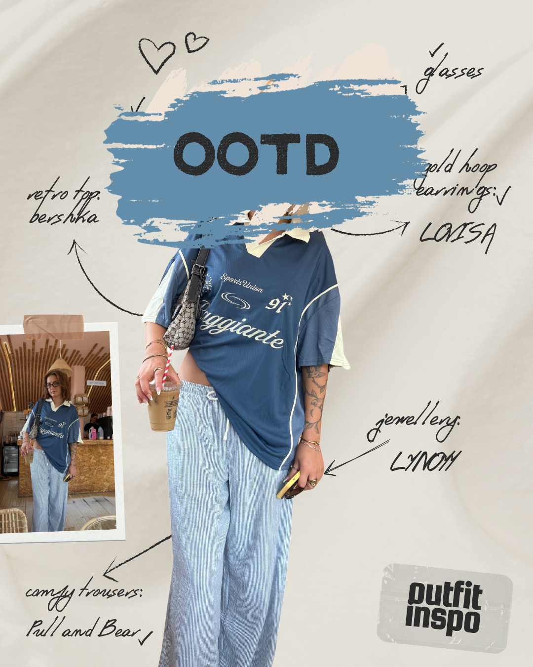 A woman in casual outfit standing in a cafe. She is wearing light blue and white striped pull-on trousers, a vintage bershka blue sports jersey with white accents, and accessories including gold hoop earrings, rings, bracelets, and a patterned purse.