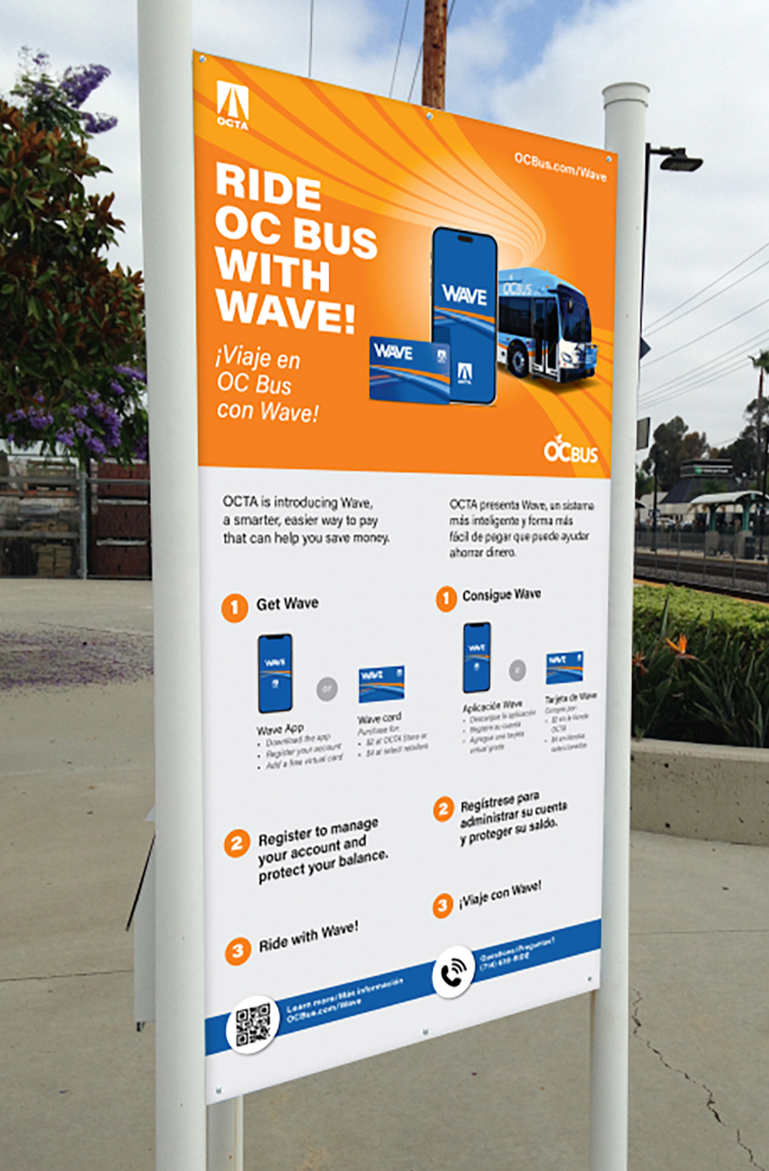 Posters were developed for placement at transportation centers and rail stations in Orange County to introduce riders to Wave.