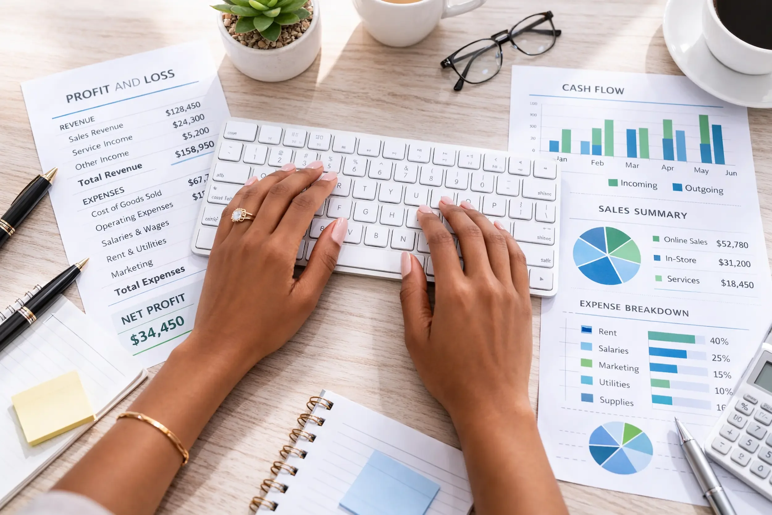 Person working on financial reports with graphs, charts, a calculator, and a keyboard on a desk.