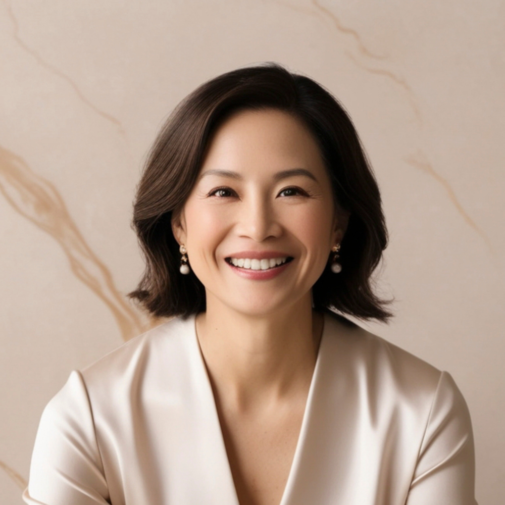 A smiling woman with shoulder-length dark hair, wearing pearl earrings and a cream-colored satin blouse, against a beige marble background.